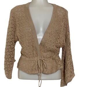 George Crochet Cardigan Women Medium 8/10 Beige Excellent Tie Front Boho Knit